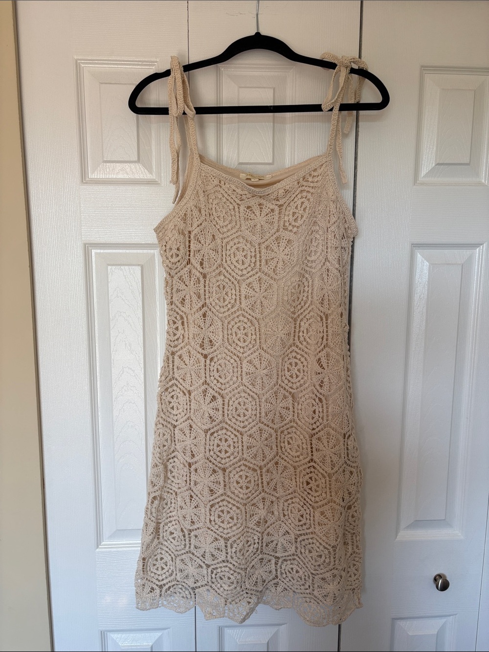 Tie-Shoulder Crochet Mini Dress in Cream